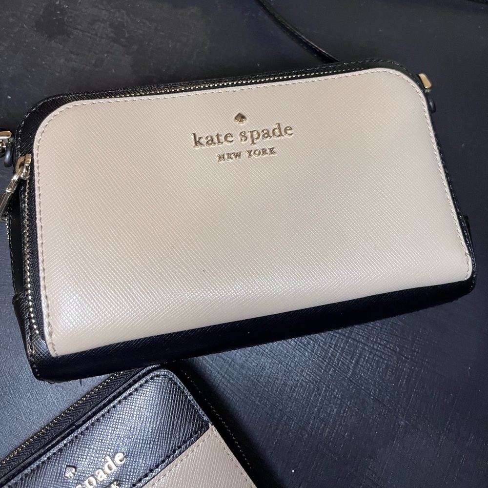 kate spade Kate leather 2WAY shoulder bag pouch black beige PVC with wallet.